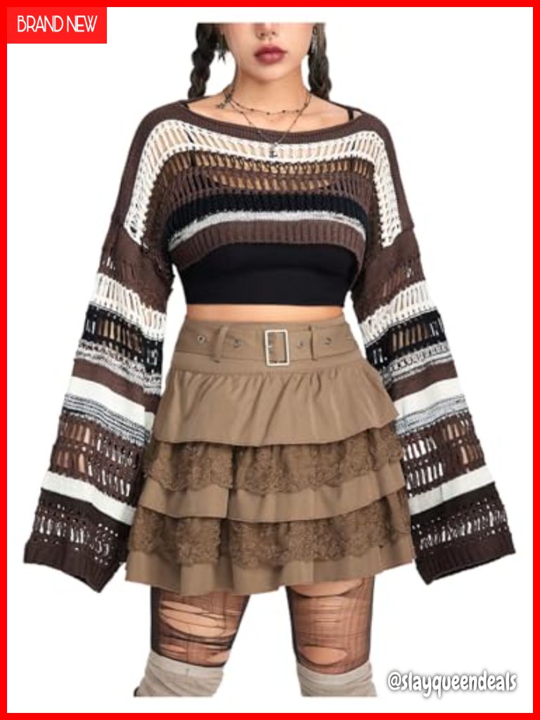 Striped Crochet Shrug Boat Neck Crop Sweater Colorblock Drop Shoulder Bell